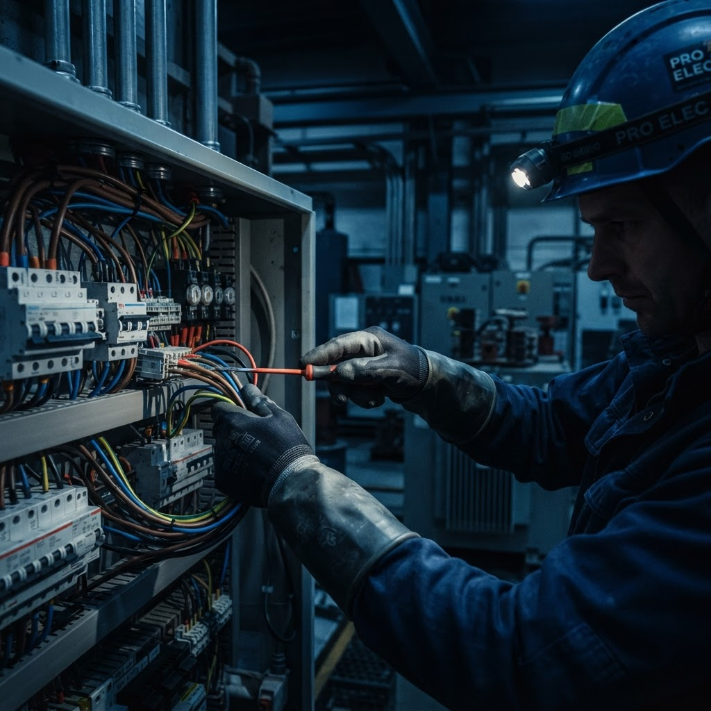 Eletricista profissional trabalhando em painel elétrico